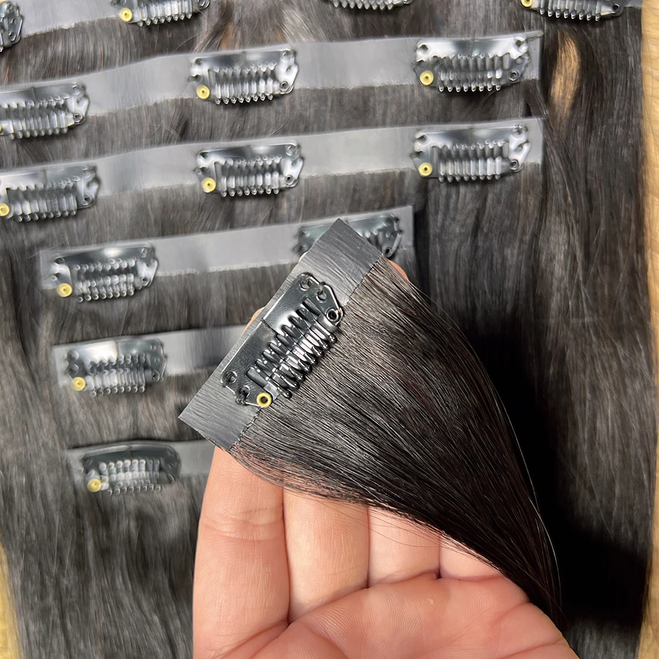 Straight PU Clip Ins Hair Extensions 100% Human Hair Natural Black Color 100g/Set 7pcs Seamless Invisible PU Weft For Women
