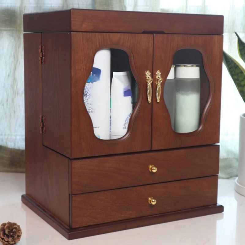 desktop shelf wood skin care products lipstick dresser jewelry box dust mirror Cosmetic storage