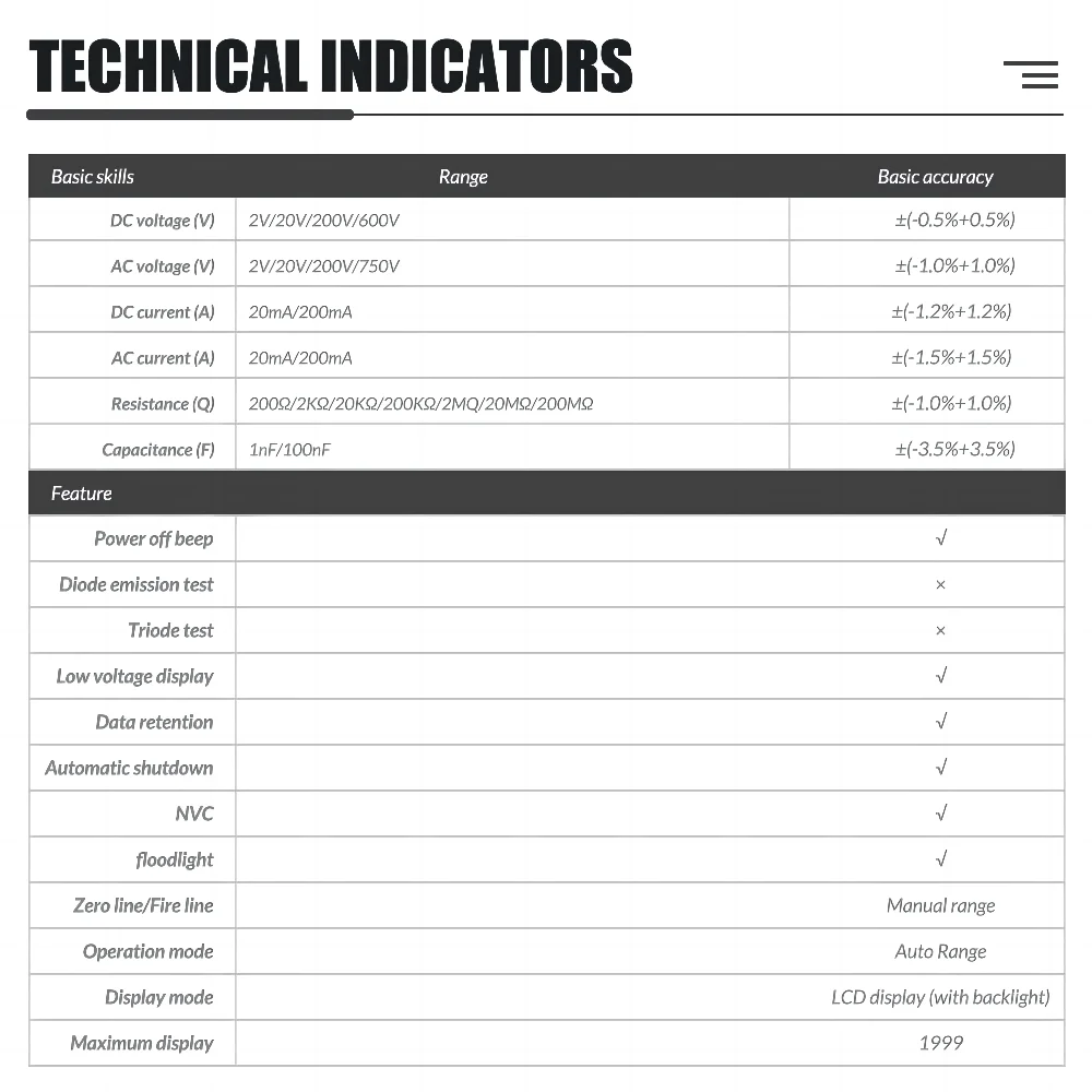 QHTITEC-625T Multímetro Digital, True RMS, Alcance Automático, Multímetro, Medidor de Transistor, AC, DC Tensão Tester com Lanterna NCV