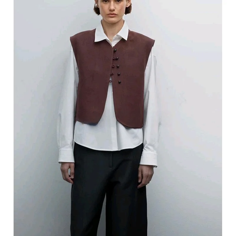 春の新作 レディース エレガントな白いスーツベスト 大人スタイル 中華風 新スタイル Vネック ショート丈 シングルボタン 無地