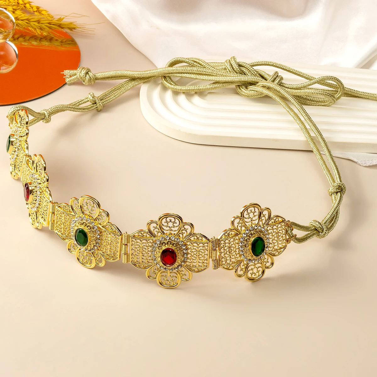 

Moroccan Bridal Belt, Gold-Plated Colorful Vintage Palace Floral Hollow Rope Adjustable Waistband Ideal Bridesmaid Gift