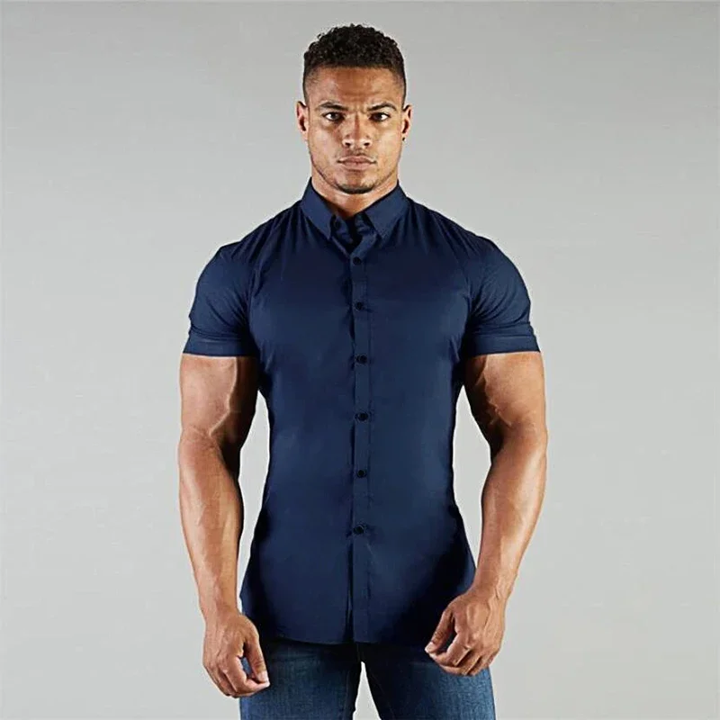 Men\'s Summer Business Shirt Short Sleeve Turn-down Collar Tuxedo Shirt Fashion Super Slim Fit Male Social Dress Shirt