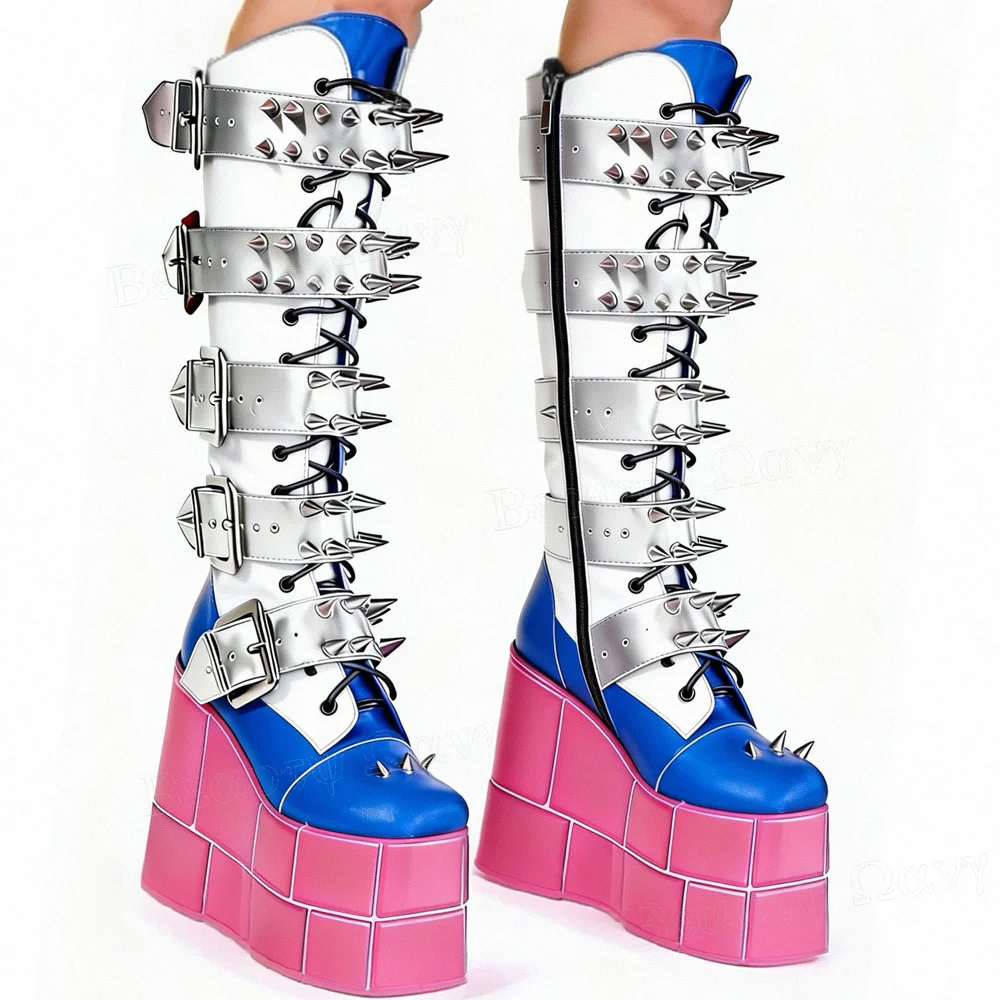 

Синие ботинки на платформе с декором из заклепок, на молнии сбоку, высокие до колена, с пряжкой, модные женские кожаные ботинки из матовой кожи, Zapatos Para Mujer