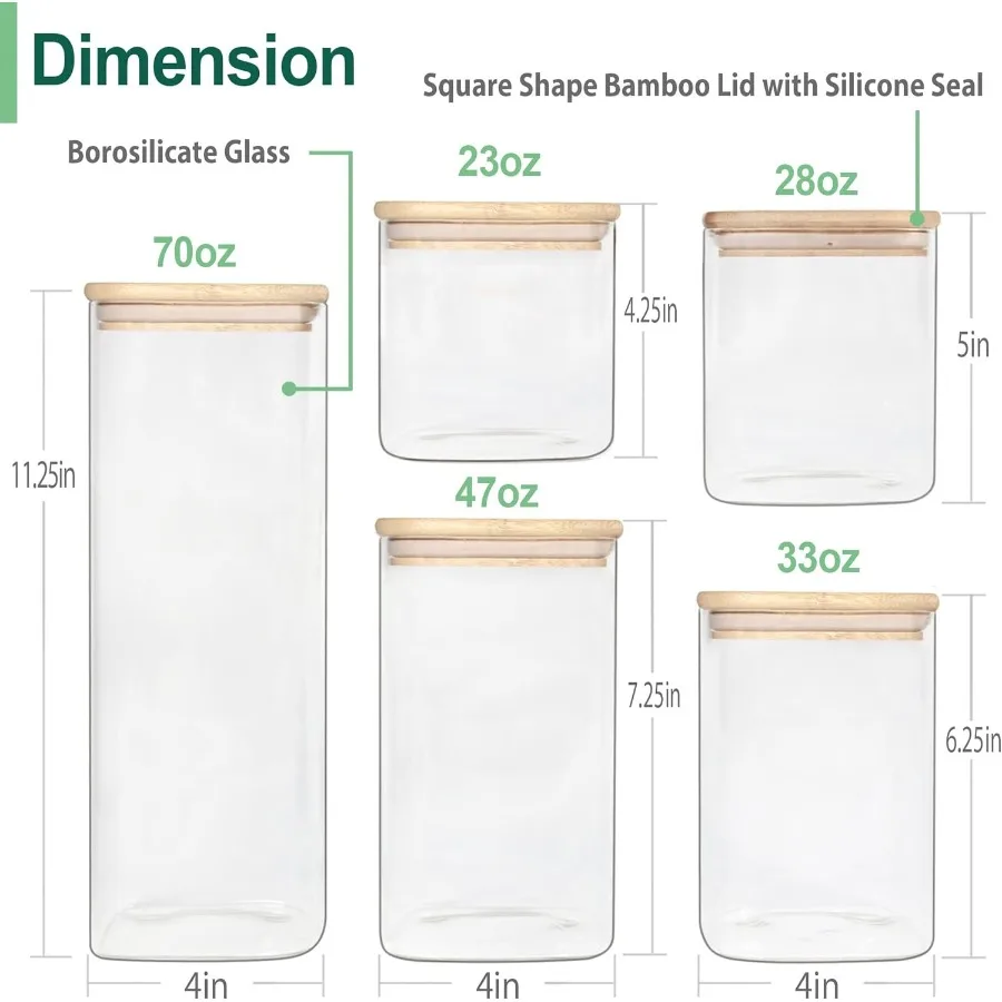 Urban Green Glass Jars with Lids Glass Airtight canisters sets with bamboo lids Glass Containers Pantry Organization and Storag