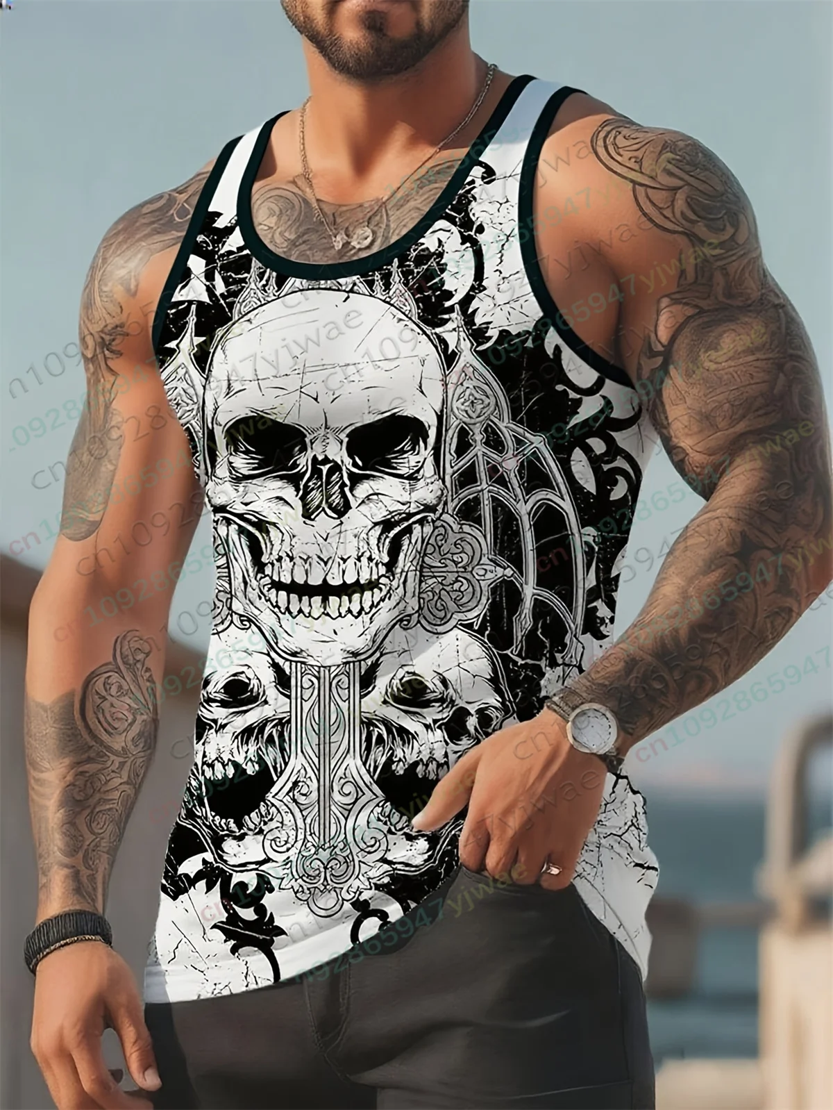 Chaleco Casual de Verano para Hombre con Estampado de Calavera, Cuello Redondo, Estilo Gótico Oscuro, Ropa Deportiva, Chaleco de Entrenamiento para Fitness al Aire Libre, Camiseta sin Mangas de Secado Rápido