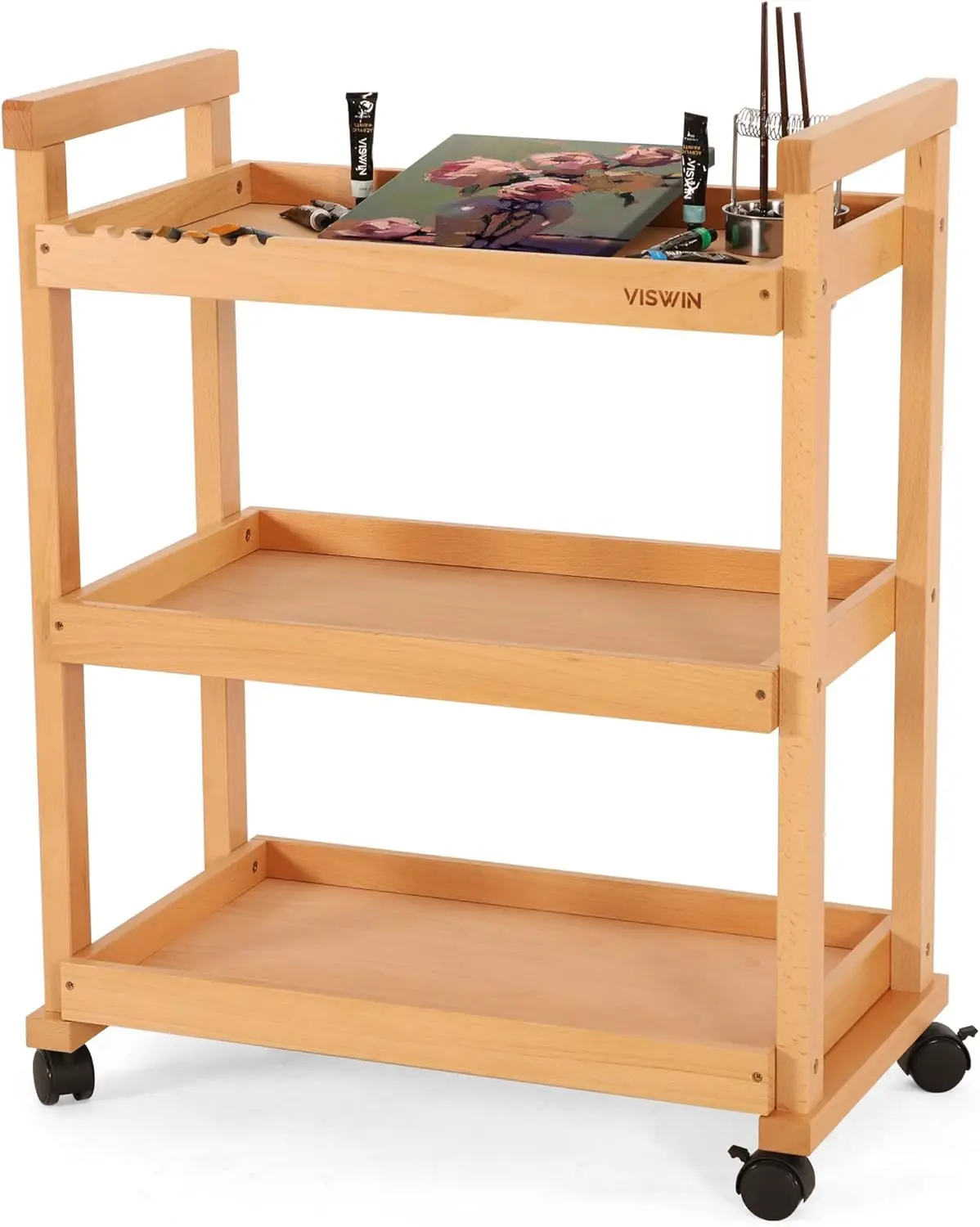 Viswin Solid Beechwood Art Cart Storage Organizer, 3-Tier Rolling Utility Studio Taboret With Casters, Multifunctional Storage