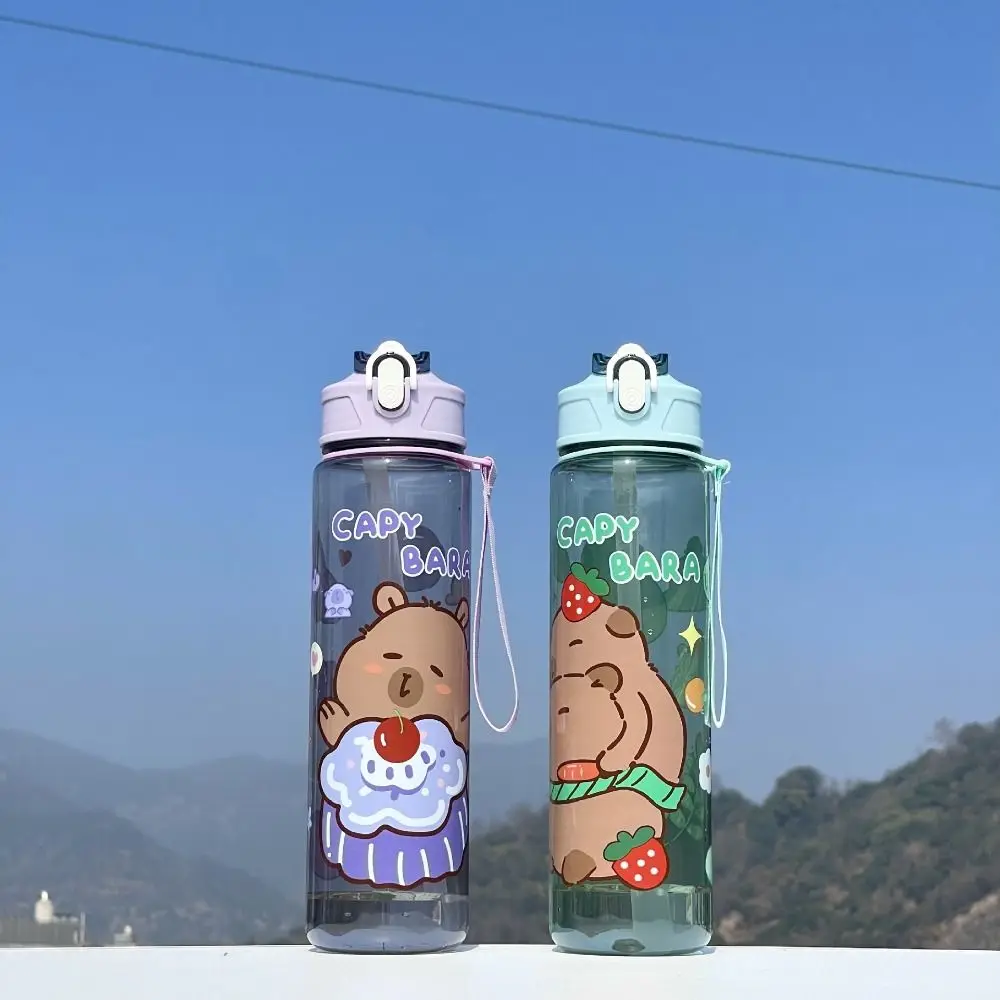 

800ml Capybara Water Bottles Cartoon Large Capacity Transparent Plastic Cup with Shoulder Strap Straw Cup