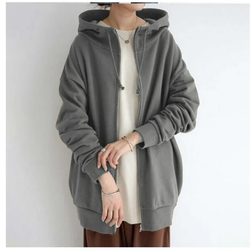 Hoodies Women\'s Street Style Zipper Hooded Long Velvet Overwear Autumn Winter New Fashion Casual Plus Size Female Clothing