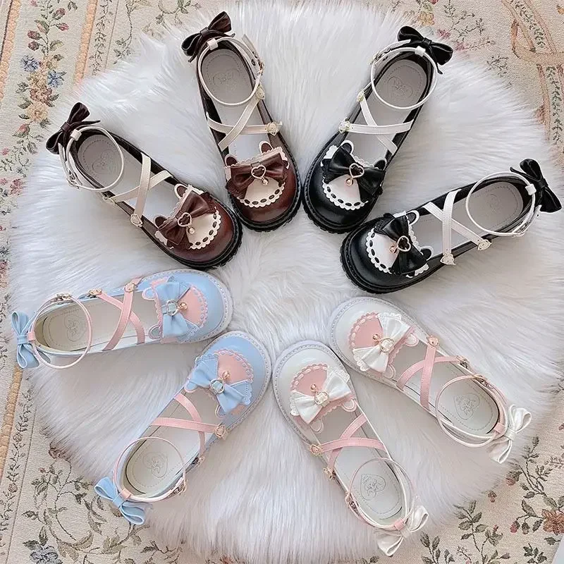Ankle Buckle Strap Sweet Sandals Women Japanese Style Bow Kawaii Chic Round Toe Shoes Summer College Style Cute