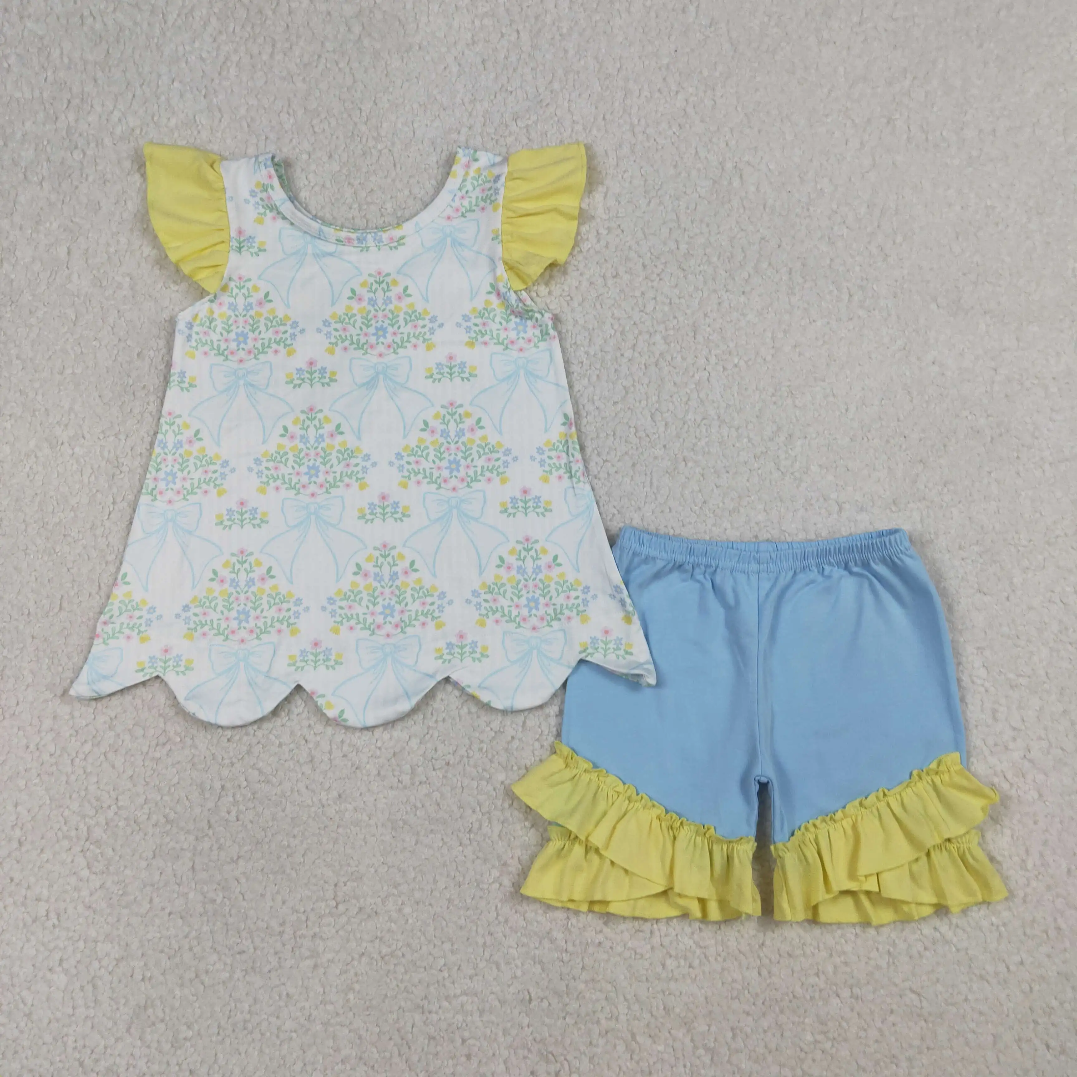 

Children Summer Sets Toddler Baby Girls Bow Flowers Scallop Tunic Ruffle Shorts Kids Clothes Se Boutique Clothing Wholesale