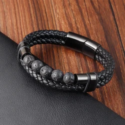 Men's Beaded Leather Bracelet Natural Stone Black Beads Multilayer Rope Stainless Steel Magnetic Clasp Wristband Male Jewelry