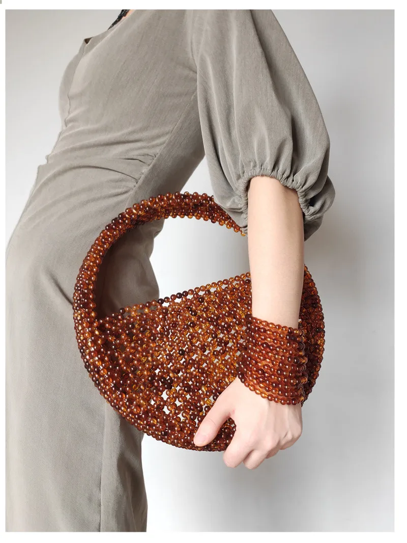 Fashion Acrylic Beading Women Handbags round Beaded Handbags Handmade Woven Summer Beach Tote Party Purses Tote bag