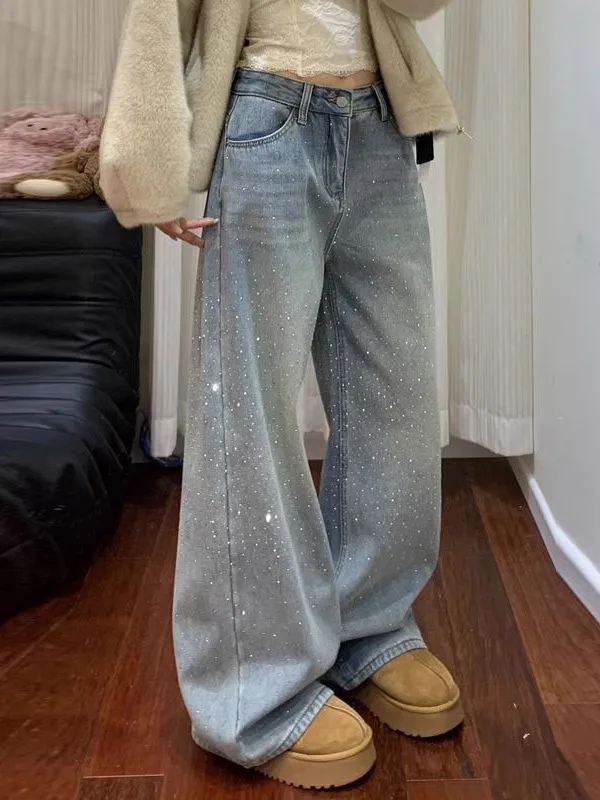 

High Waist Wide Leg Denim Jeans Women's Spring New Sle Not Fitting Legs with Rhinestones iny Blue Casual Trousers
