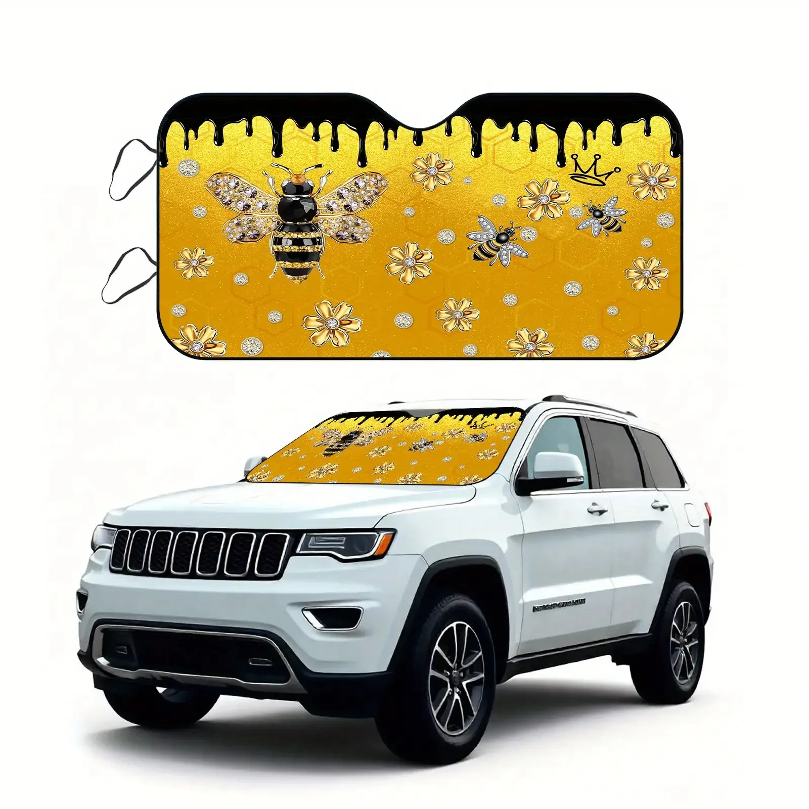 1pc Vibrant Yellow& Golden Floral Bee Design Car Sunshade- UV Protection, Heat Reduction, Easy Install, Foldable Windshield Cove