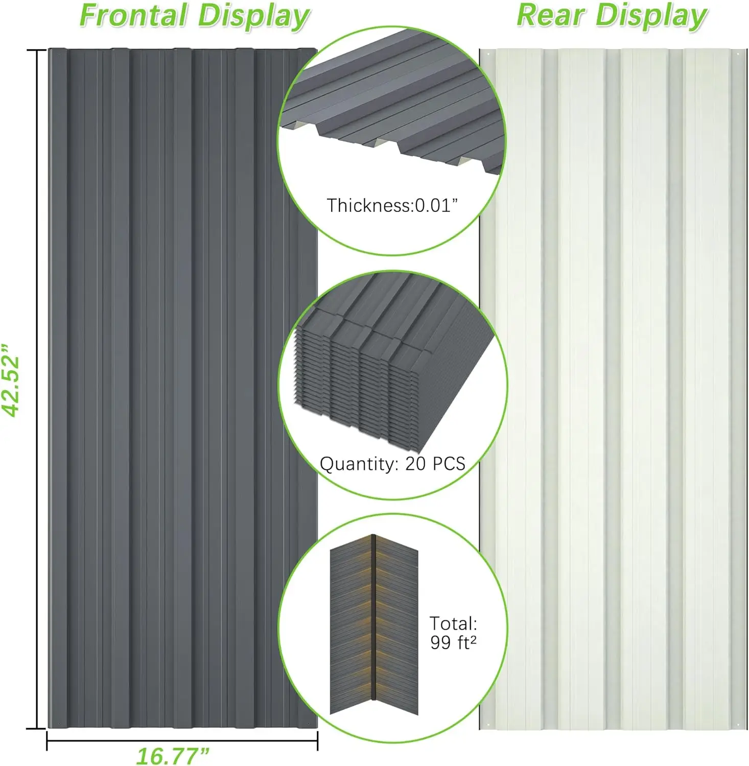 L42.52 ×W16.77 inch Galvanized Steel, Metal Corrugated Tin Roofing Panels