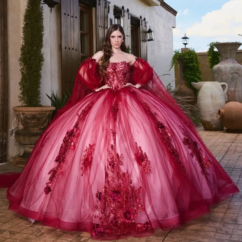 

Customized Red Quinceanera Dresses Off the Shoulder crystal glitter applique 3D flower Lace Long tail Vestido 15 Quinceanera