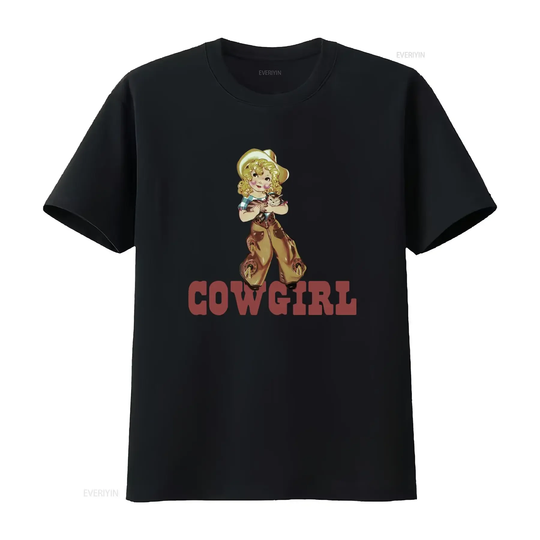 Brandy Melville Cowgirl T-Shirt im Vintage-Stil, Mädchen mit Katzen-Print, Western-Mode, Vintage-Waschung, vielseitig, lässig, Unisex