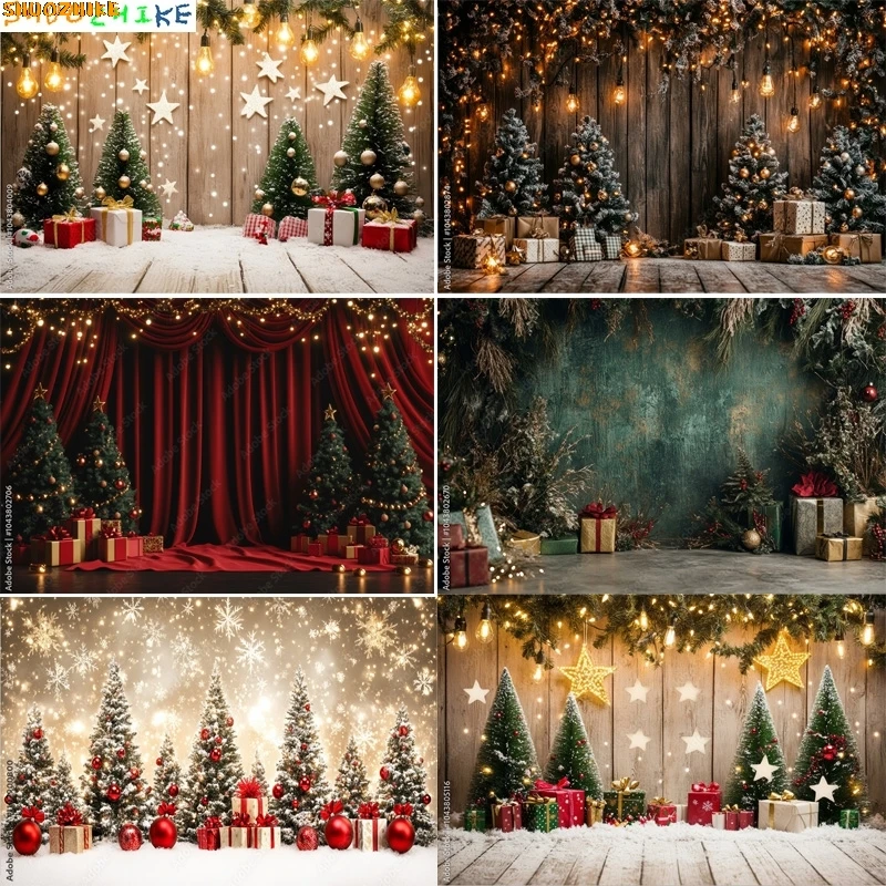 

Christmas Day Gift Boxes Steam Train Photography Backdrops Living Room Holidays Carpet Fireplace Pine Trees Background VT-06