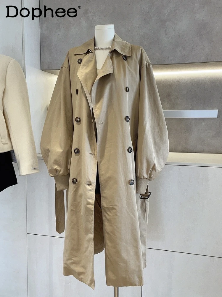 

French Double-breasted Trench Coat Sping Autumn Classic Khaki Women British Style Temperament High Waist Mid Length Coat