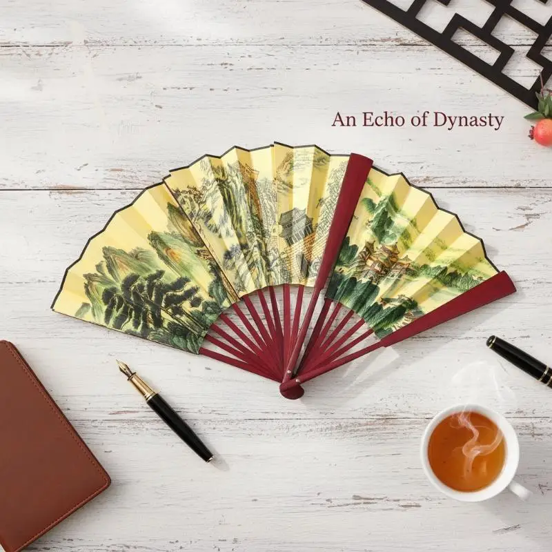 Chinese Vintage Style 33CM Folding Fan Bamboo Handle Classical Party Dance Hand Fan Ancient Hand Fan Summer Cool Silk Fan