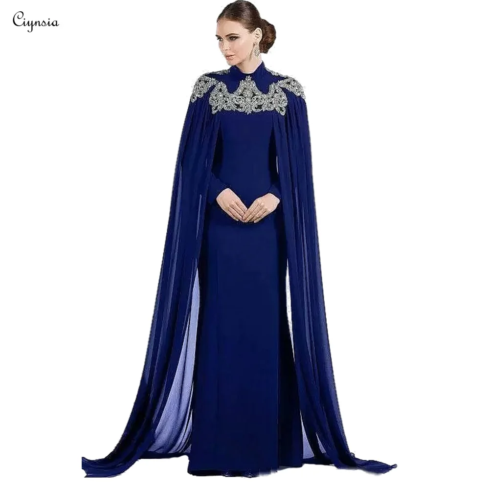 

Ciynsia Arabic Navy Blue Dubai Evening Dresses With Cape Beaded High Neck Mermaid Formal Dress Long Sleeve Kaftan Moroccon