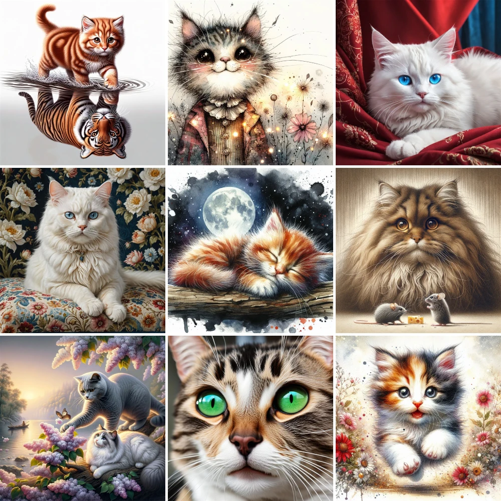 Animal Pet Cat Printed Canvas Cross Stitch Embroidery Complete Kit Handmade Sewing Handiwork Painting Stamped Home Decor Needle