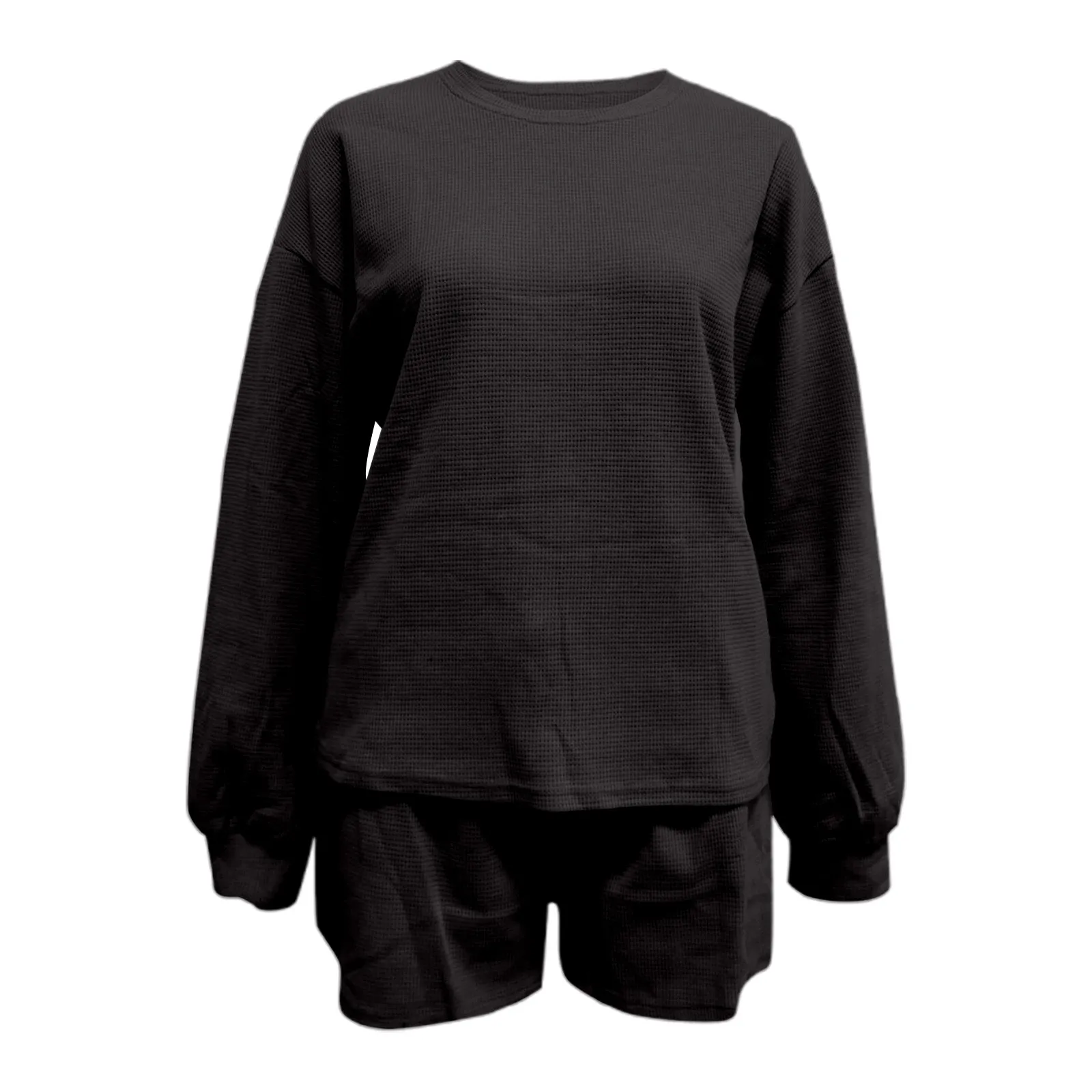 Ladies Solid Colour Round Neck Loungewear Casual Long Sleeve Drawstring Shorts Suit Long Sleeved Elastic Waisted Shorts Sets