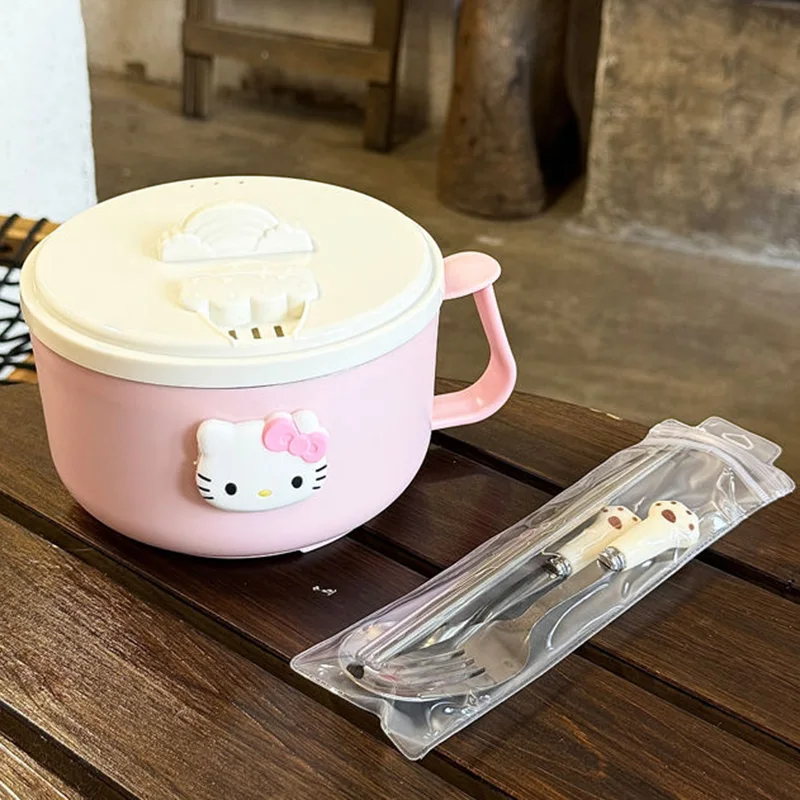 Hello Kitty Cartoon Lunch-box Kawaii Stainless Steel Dorm Double Layer Anti Scalding Cute Anime Instant Noodle Bowl 1000ML Gifts