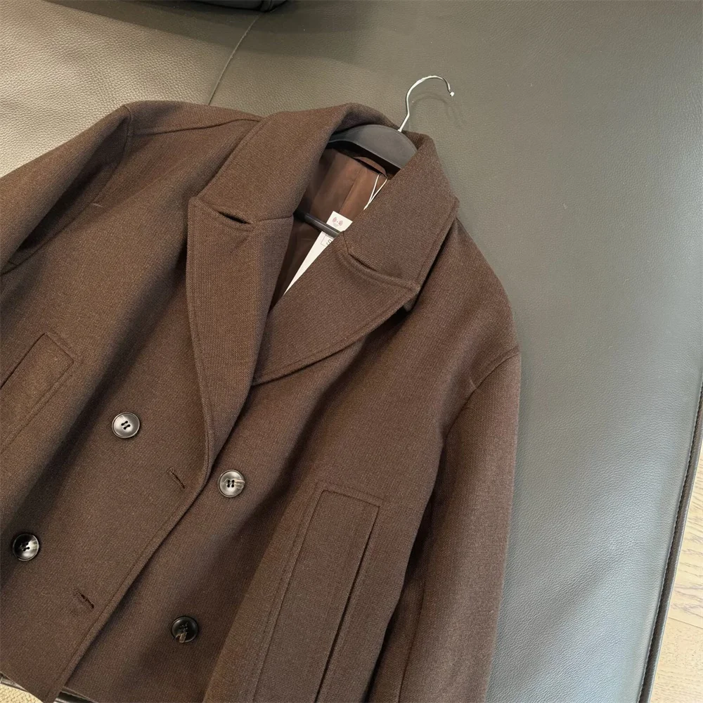 European and American style women's new button up lapel long sleeved double breasted short coat jacket