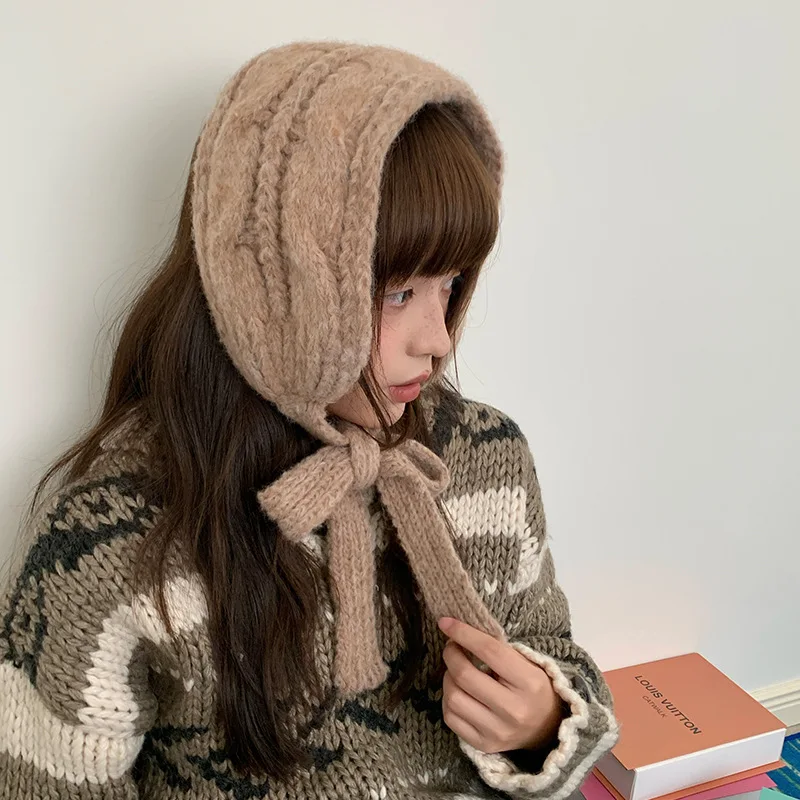 오목한 형태의 한국식 트위스트 크리스마스 새해 빨간색 니트 가방 모양 귀마개 단색 겨울 귀 보호 니트 헤어밴드