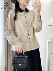 New Summer Cotton Linen Casual Shirt, Women Long Sleeve Lapel Patchwork Top, Mori Girl Retro Loose Blouses, 2024 Fall T48445QC