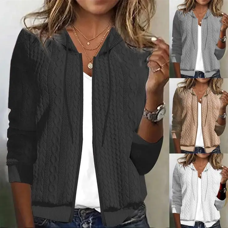 

Casual Style Striped Sweatshirt Zipper Knit Cardigan Long Sleeve Polyester Fiber Hooded Coat for Middle-Aged Women Winter Fas...