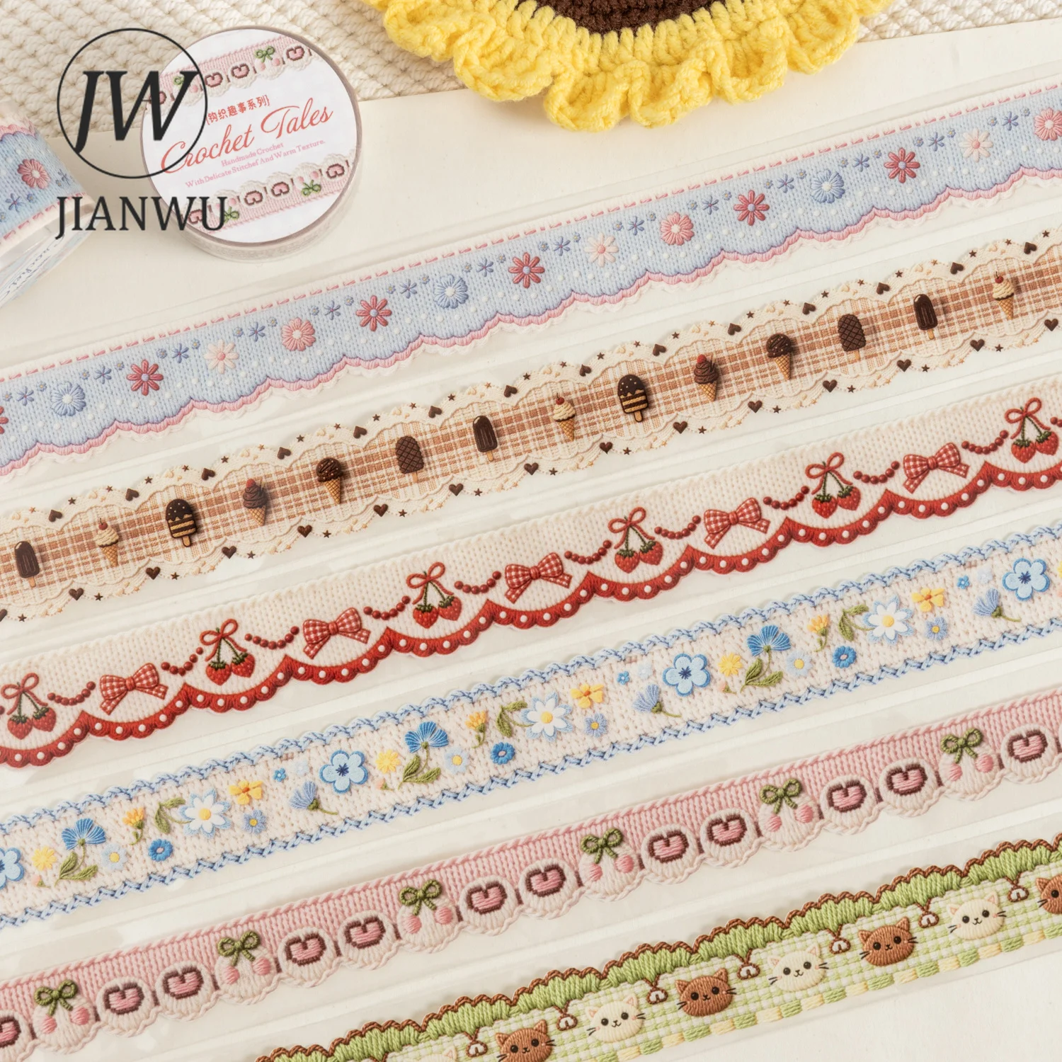 JIANWU Häkelgeschichten-Serie: Niedliche Spitzenblumen-Katzen-Landschaftsmotive, Collage-Material, Scrapbooking PET-Klebeband, Kreatives Journal-Zubehör