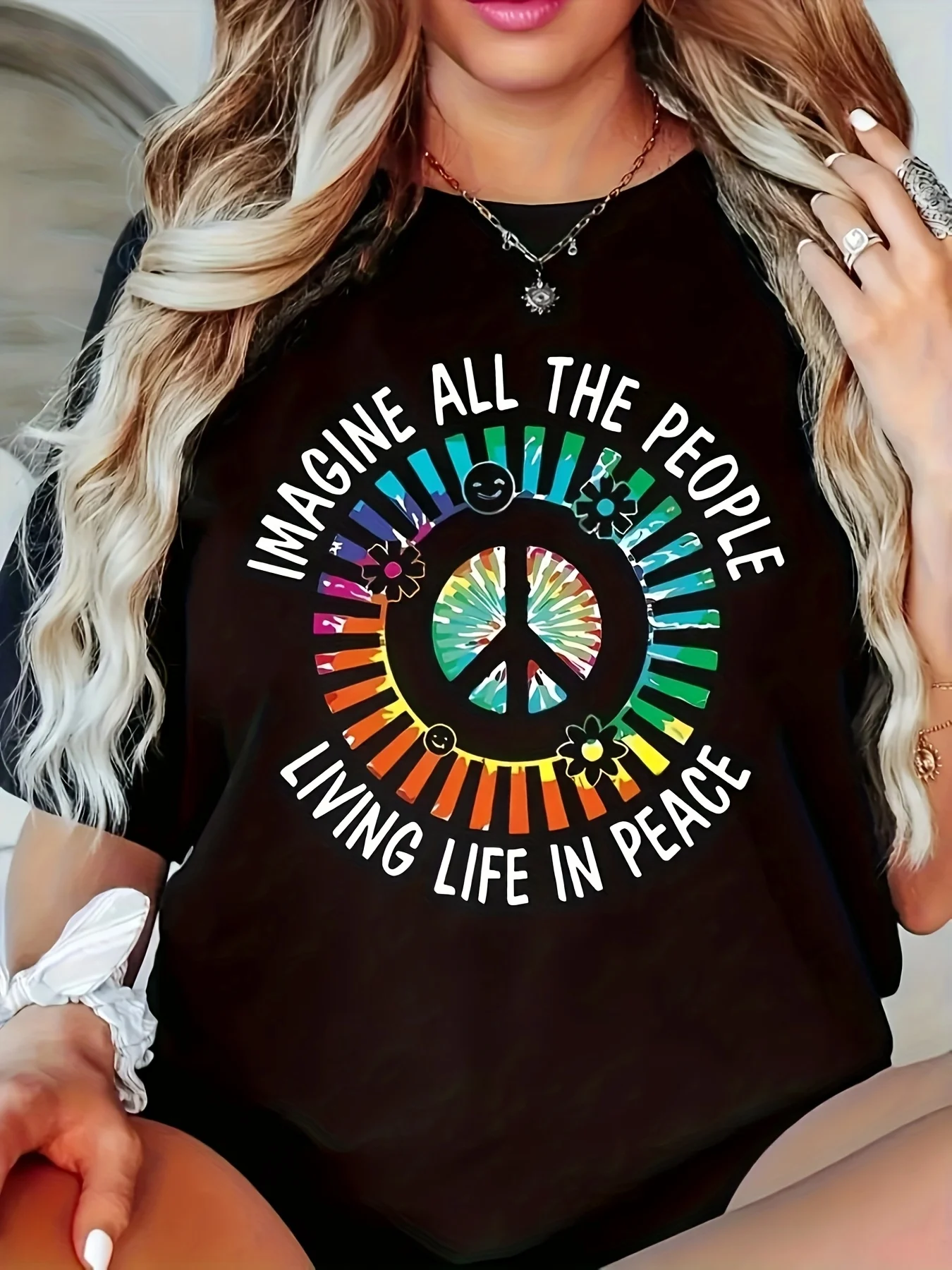 

Women's Plus Size Peace Sign Graphic T-Shirt - Soft Cotton Crew Neck Short Sleeve Casual Top for Everyday Wear (All Seasons)