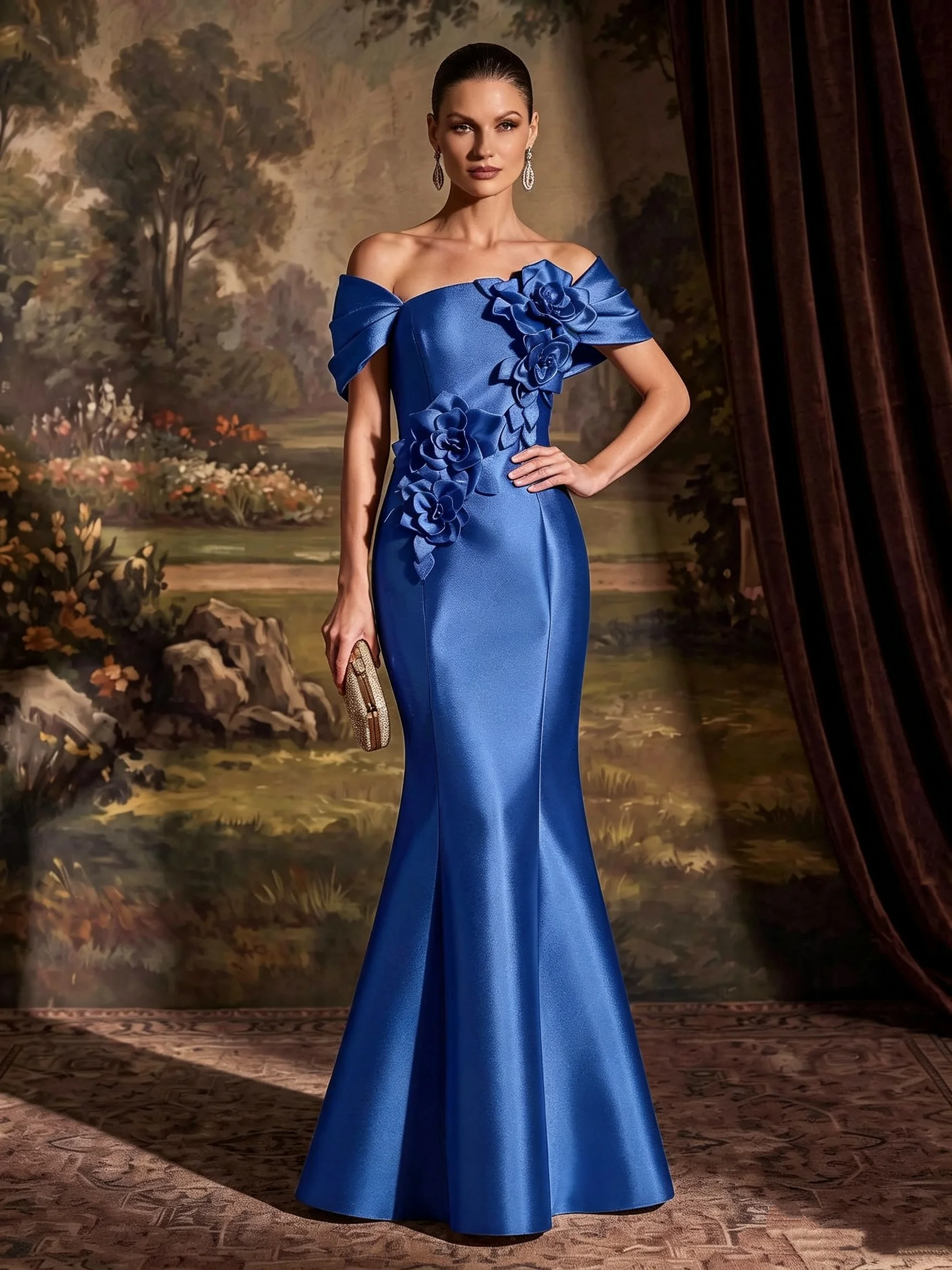 Elegant Satin Mermaid Off Shoulder 3D Flower Rose Stickers Solid Color Formal Guests Ball Party Evening Dress Customization