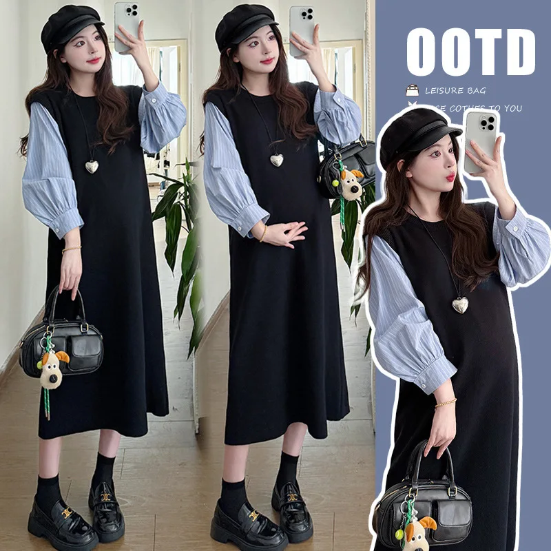 

Korean Style Maternity Dress Autumn Minimalist Knit Panel Fake Two Piece Shirt Dress Fashionable Outfit for Pregnant Women