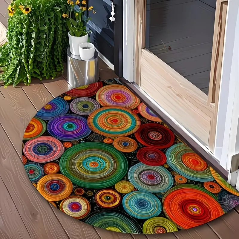 Vibrant Rainbow Concentric Circles Semicircle Welcome Rug Decorative Art Style Entrance Doormat Anti-Slip Floor Mat for Kitchen