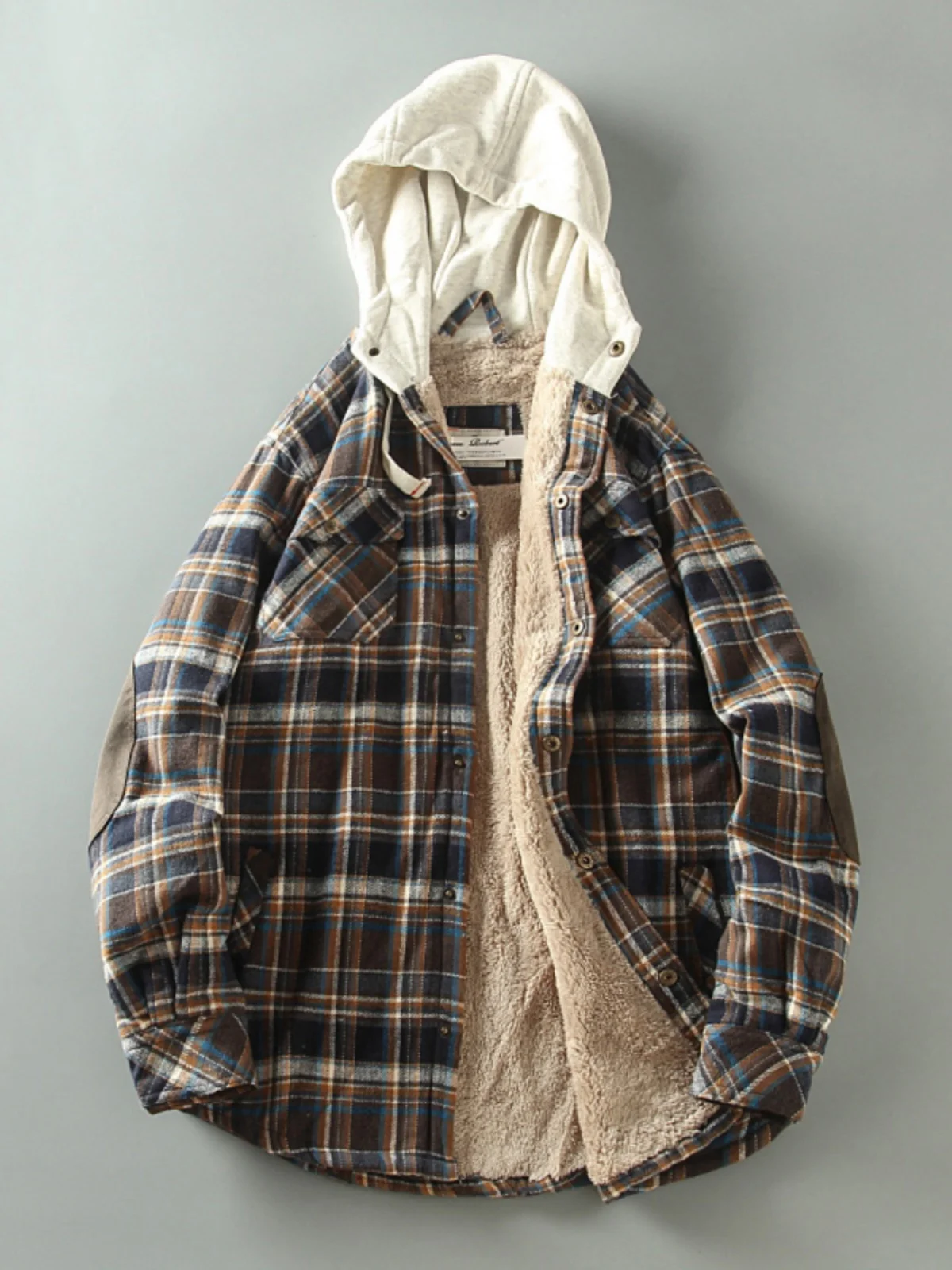 

Thickened Flannel Fleece Lined Plaid Shirt Style Coat Hooded Autumn Winter Warm Outerwear Men's Loose Fit Long Sleeve Shirt