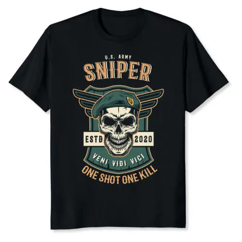 NEW LIMITED US Army Sniper Skull Military One Shot One Kill T-Shirt