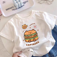 Dumb and Cute Capybara Burger Printed Children's Short Sleeved T-shirt Summer Boys and Girls Pure Cotton Half Sleeved Top