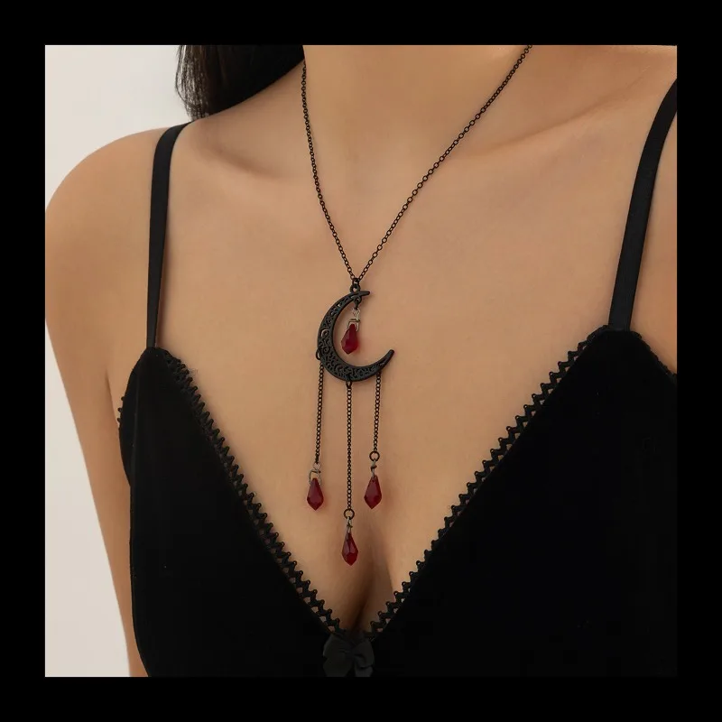 Colar de rubi com gota de água com franjas doces e legais, cristal crescente personalizado de Halloween