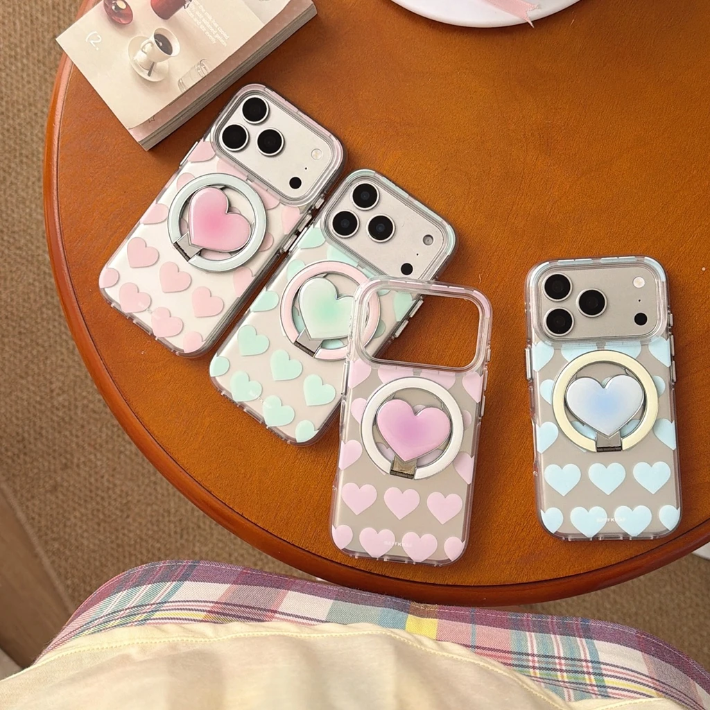 

ins Style Full Screen Multi-color Heart With Foldable Holder Magnetic Protect Phone Cover Case for iPhone 17 16 15 14 Pro Max