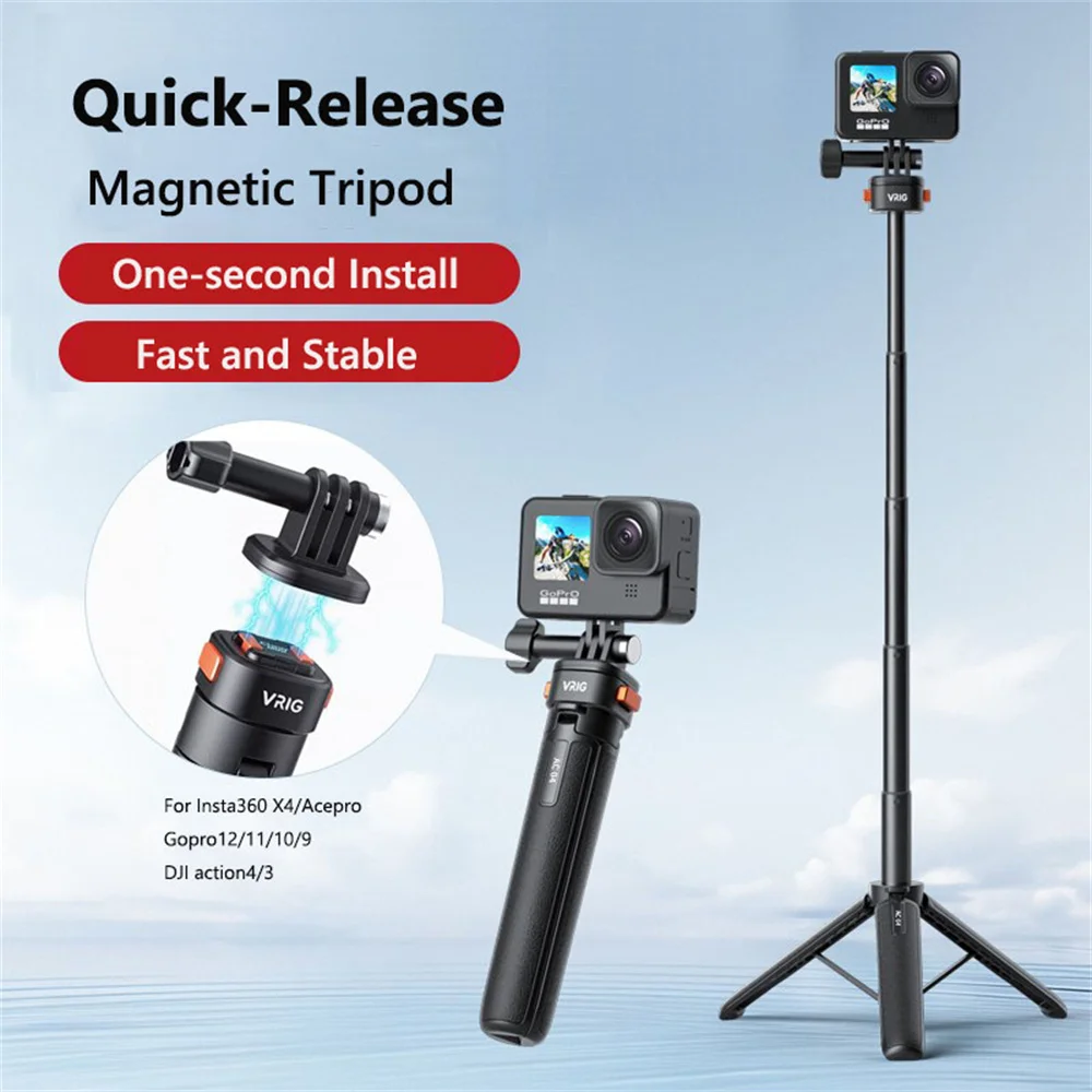 VRIG Claw MINI Magnetic Tripod Quick Release Handheld Extension Selfie Stick for GoPro 12/11/10 Insta360 X4/D-JI Action4/3 OSMO