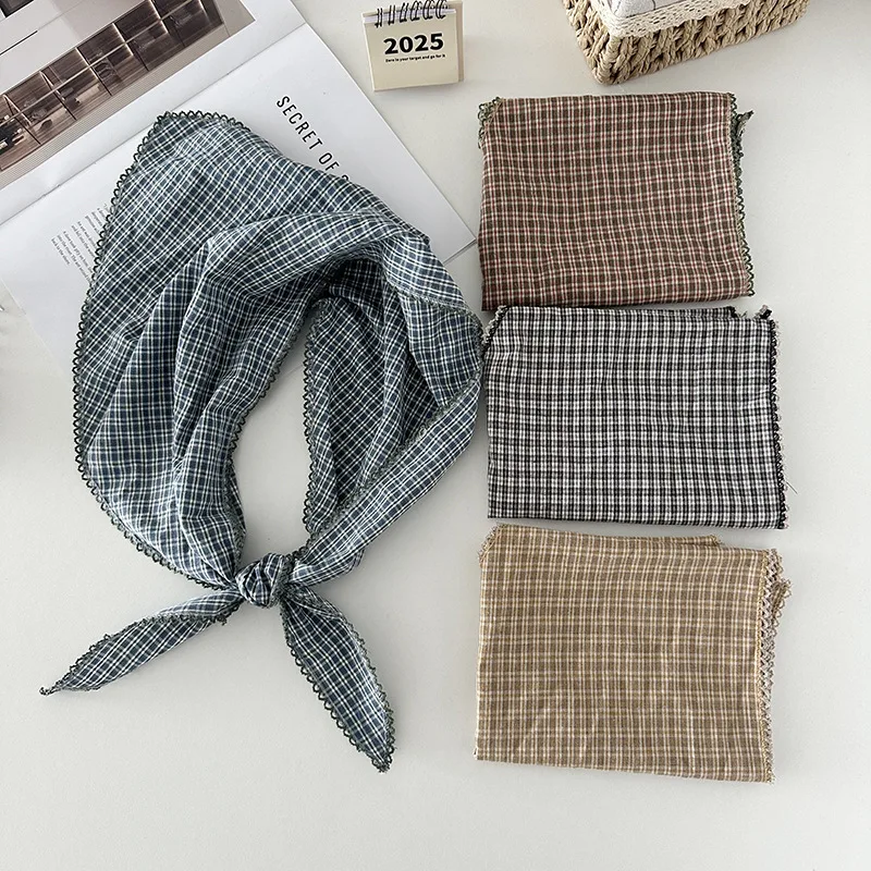 

Korean-style small checkered artistic cotton-linen triangle scarf, fashionable headscarf, elegant silk scarf, waist-wrapping