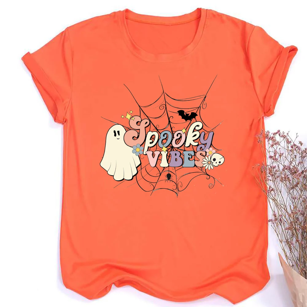 Retro Halloween Spooky Vibes Shirt Funny Halloween Women Short Sleeve Shirts Spooky Season TShirts Ghost Women Tee Clothes