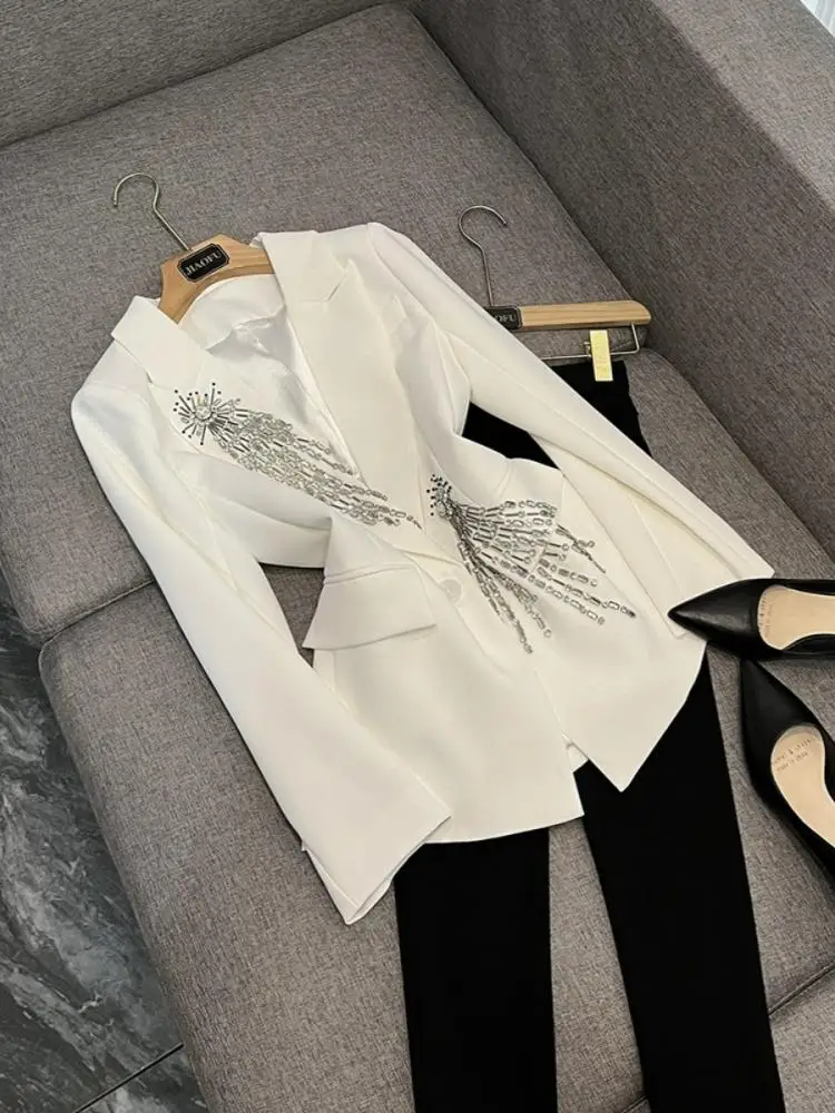 

Ele White Diamond Embellied Heavy Work Suit Jaet Women's Faion Commute Sle Long Sve Button up Pure Color