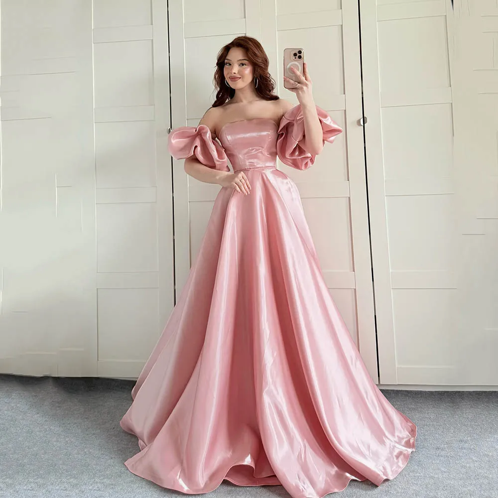 

Msikoods Shiny Satin Prom Dresses Off Shoulder Puffy Sleeve Pink Birthday Dress Detachable Train Elegant Party Dress Customized