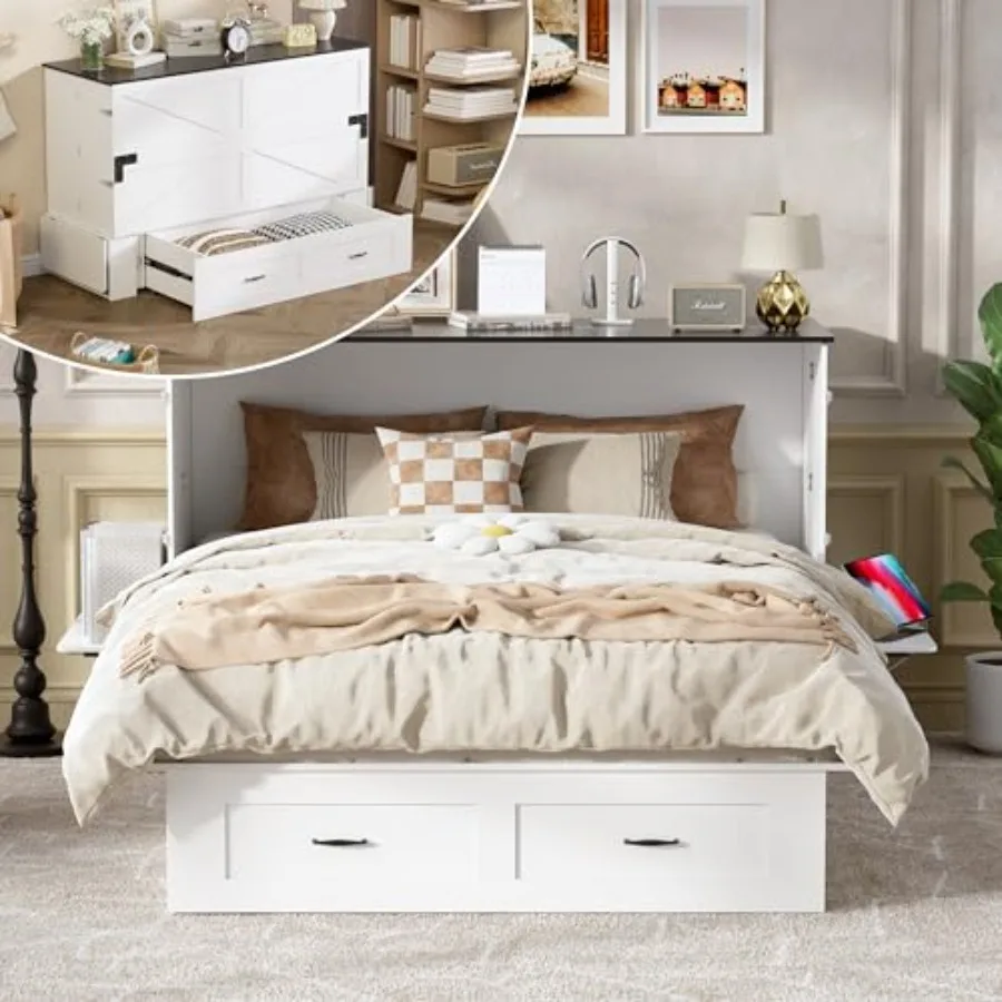 

Queen Murphy Bed - Murphy Cabinet Bed with Storage and Charging Station, Farmhouse Bed Frame with Foldable Panel and Hidden Spa