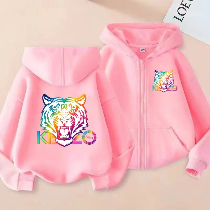 Kids Zipper Style New Tiger Print Hoodie Sweatshirt Girls Boys Toddler 3-12 Years Leisure Fashion Long Sleeves Top Coat Clothing