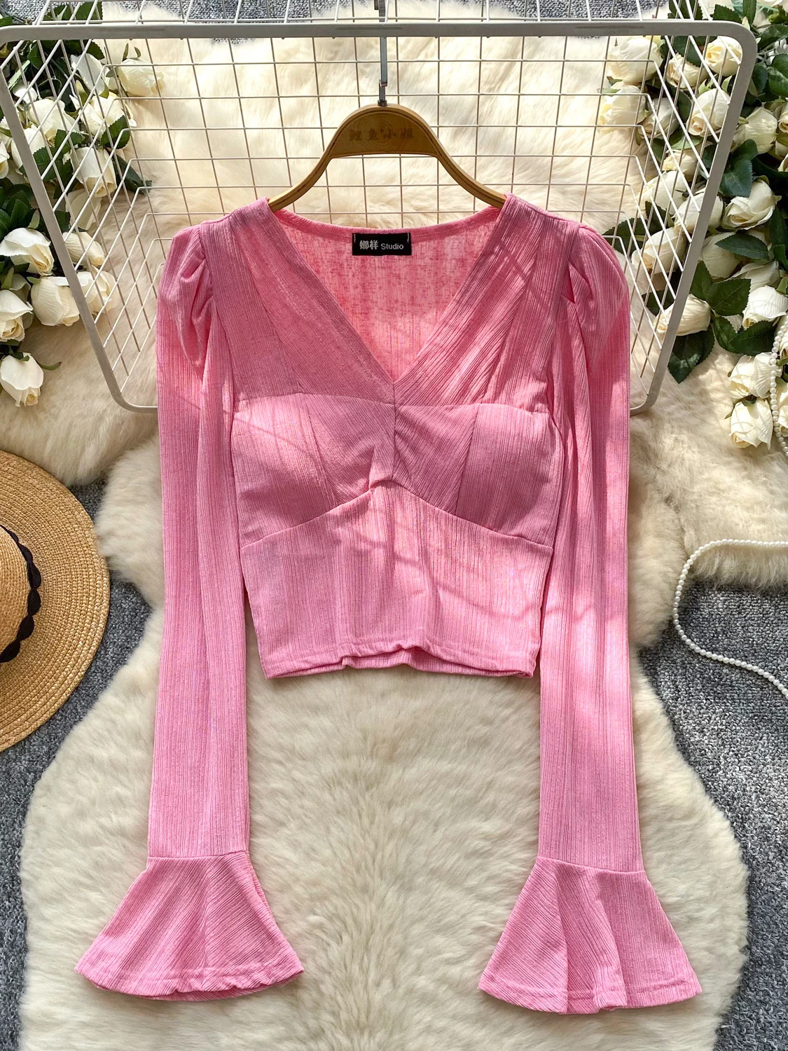 Ele ort V-ne Bell Sve irt Damen Faionable Court Sle irt Polyesterfaser Lockere Passform Atmungsaktiv Hautfreundlich